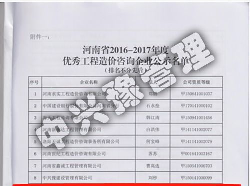 2016-2017年優(yōu)秀造價(jià)企業(yè)