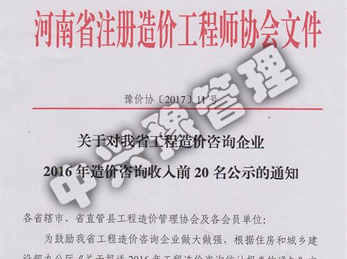 河南省工程造價(jià)咨詢企業(yè)收入20強(qiáng)